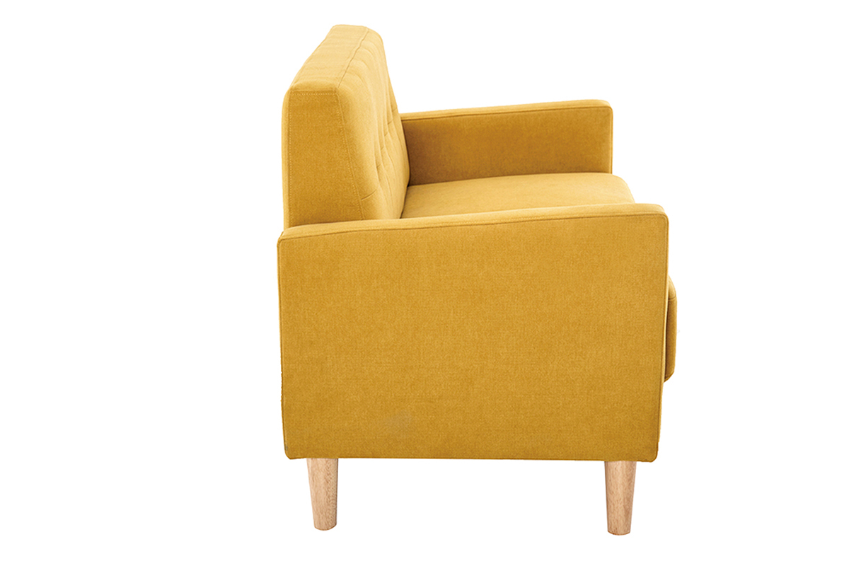 Canap� scandinave 2 places jaune moutarde, vue de c�t�, tissu effet velours et pieds en bois clair.