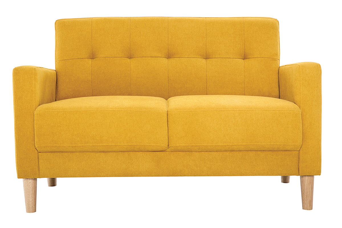 Canap� 2 places en tissu velours jaune moutarde, pieds bois clair, vue de face.