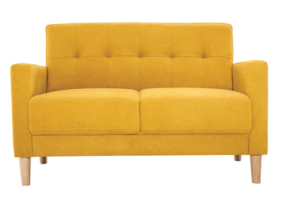Canap&eacute; scandinave 2 places en tissu effet velours jaune moutarde et bois clair MOON