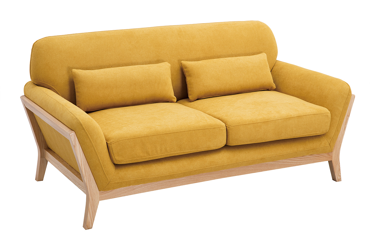 Canap� scandinave 2 places en tissu effet velours jaune moutarde et bois clair, vue de trois quarts.