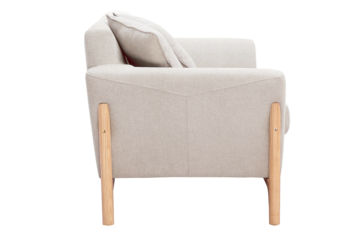 Canap� scandinave beige en tissu effet velours, vue de c�t� avec pieds en bois clair.