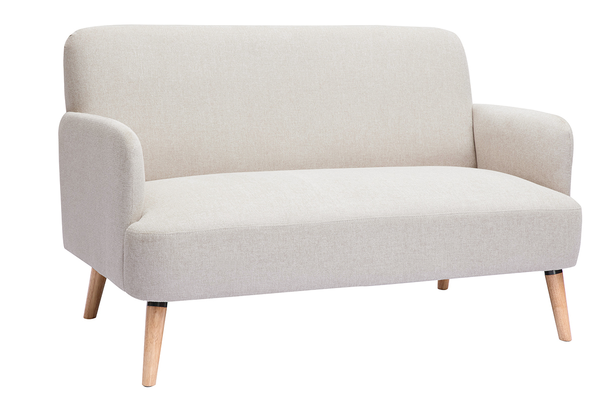 Canap� scandinave 2 places en tissu effet velours textur� beige et bois clair ISKO