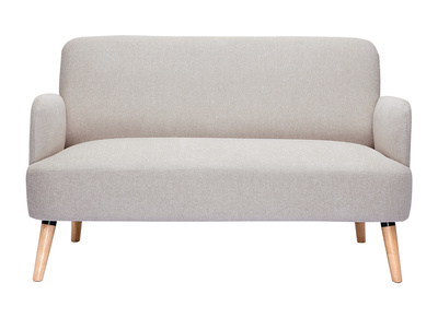 Canap&eacute; scandinave 2 places en tissu effet velours textur&eacute; beige et bois clair ISKO