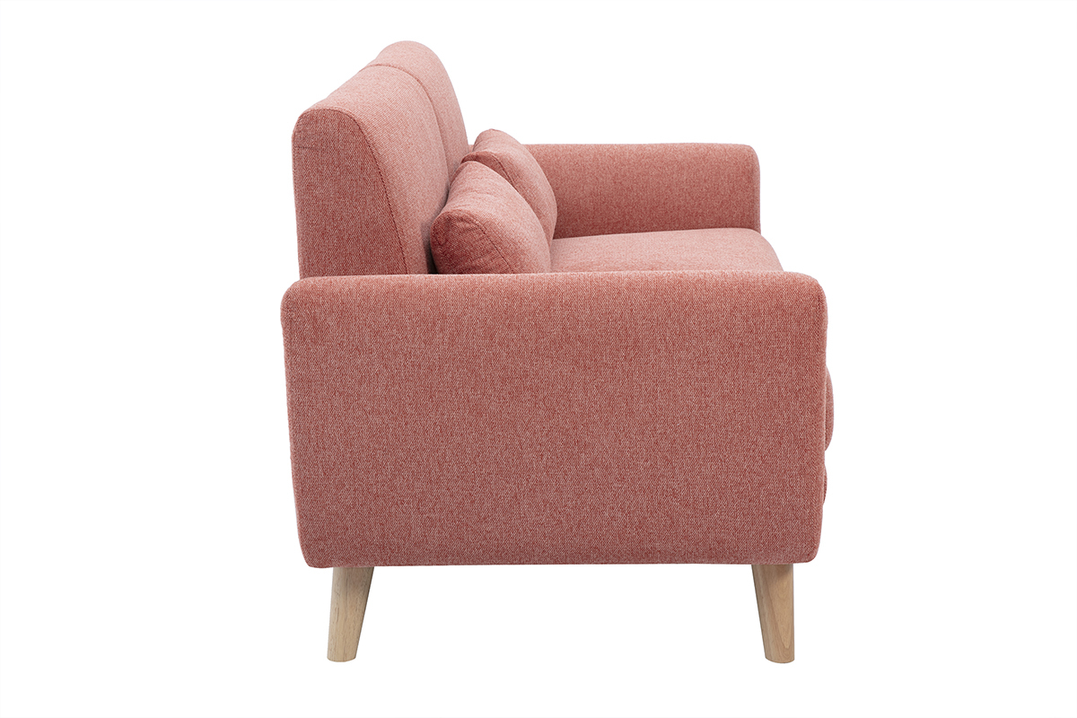 Canap� scandinave 2 places terracotta vu de profil avec pieds en bois clair.