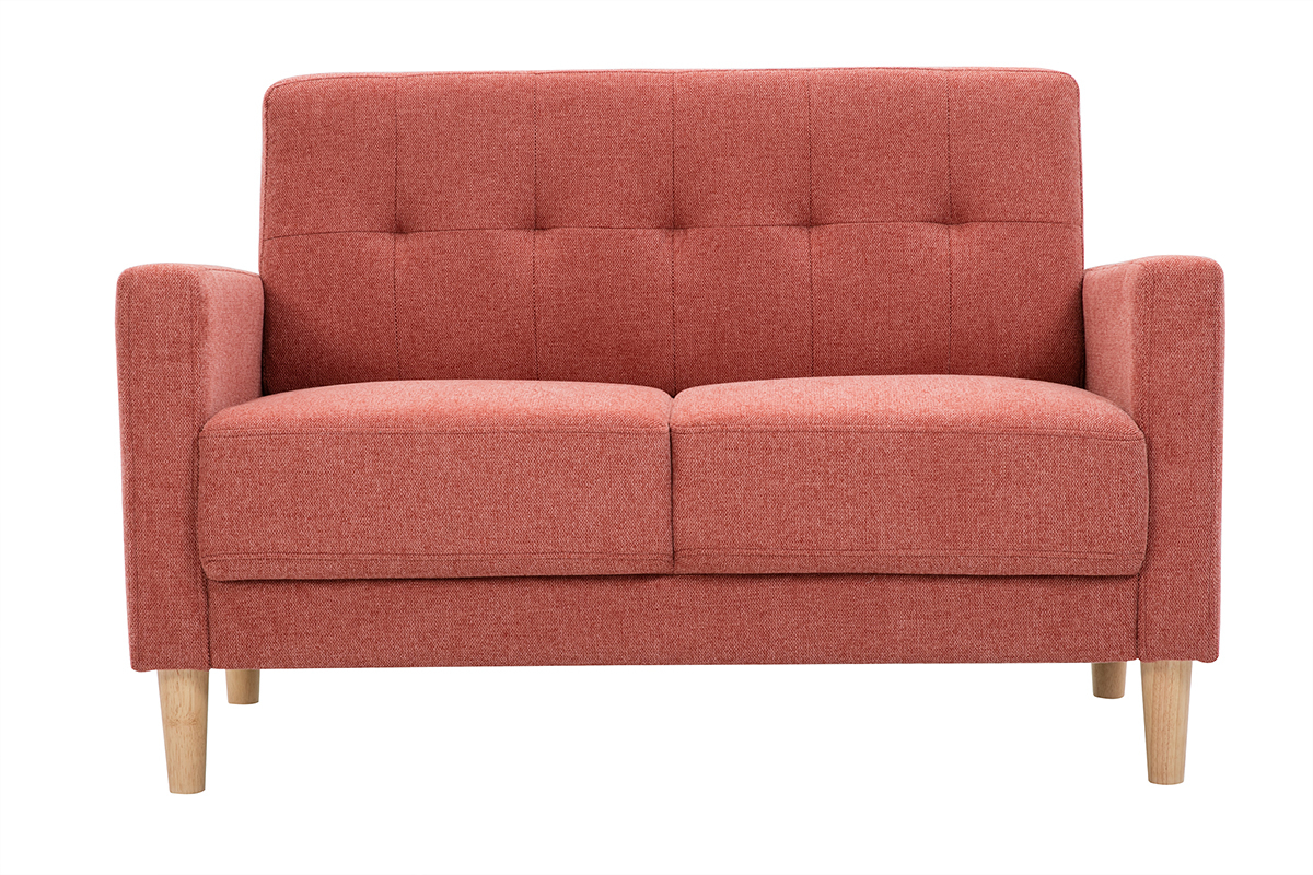 Canap� scandinave 2 places en tissu terracotta avec pieds en bois clair, vue de face.