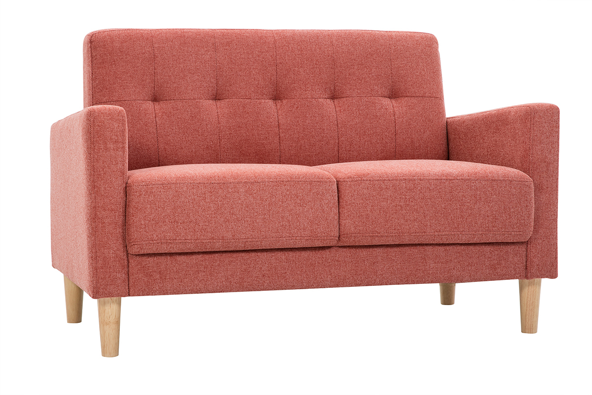 Canap� scandinave 2 places en tissu terracotta et bois clair, vue de 3/4.