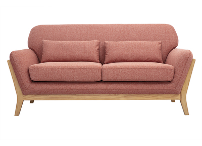 Canap&eacute; scandinave 2 places en tissu effet velours textur&eacute; terracotta et bois clair YOKO