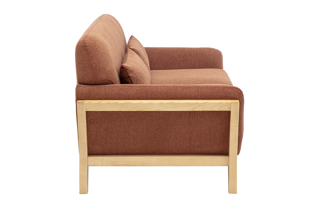 Canap� scandinave 2 places vue de profil en tissu terre br�l�e et bois clair.