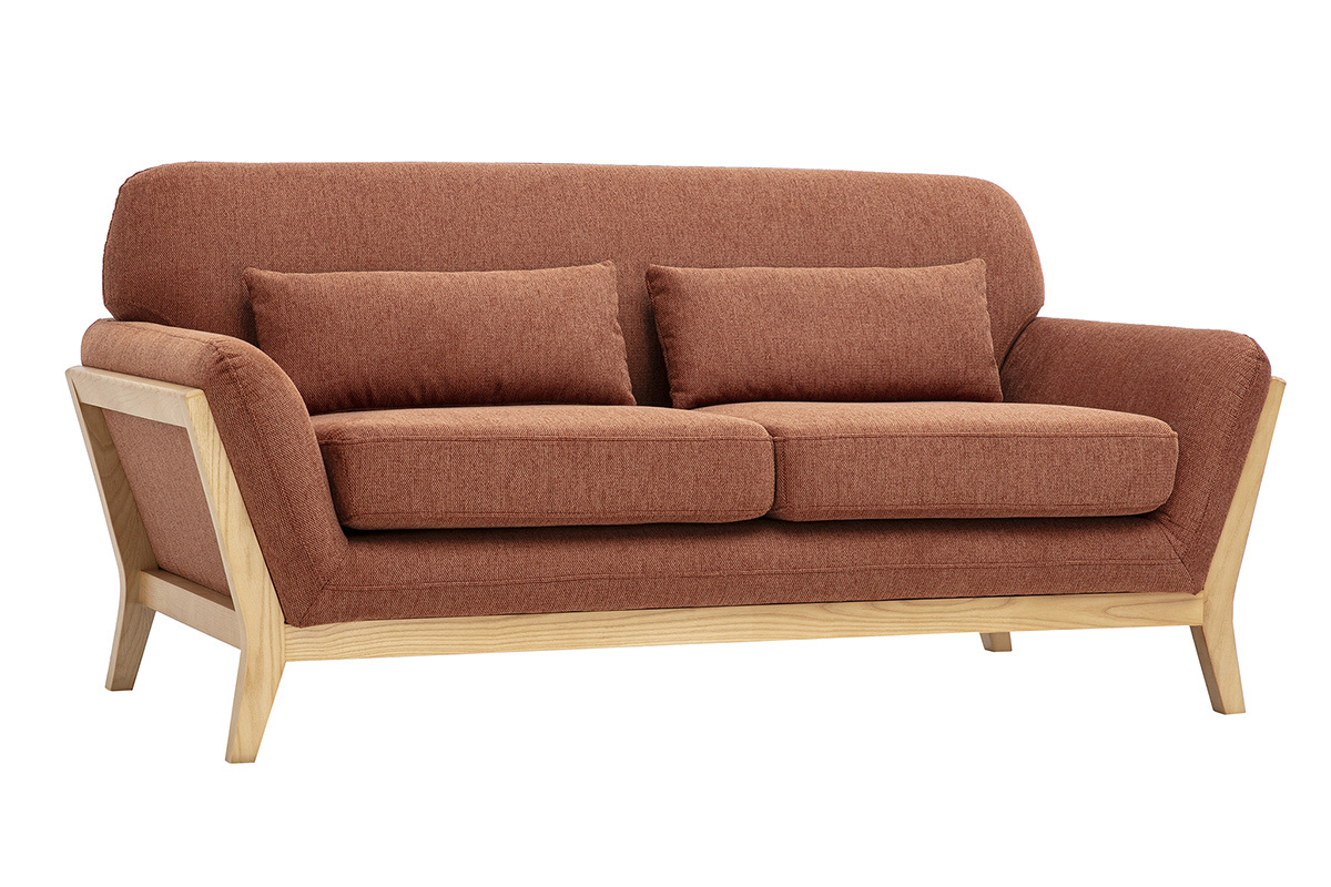 Canap� scandinave 2 places en tissu effet velours textur� terre br�l�e et bois clair, vue de 3/4.