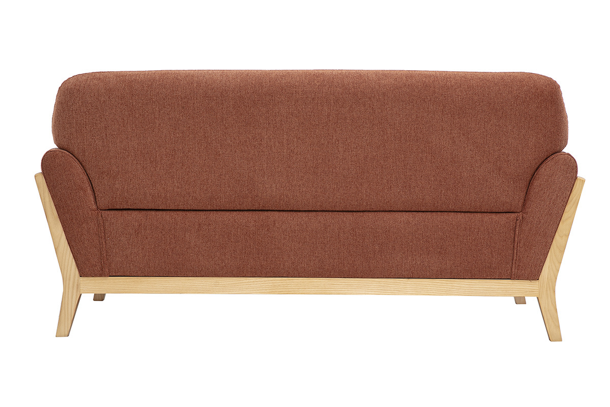 Canap� scandinave 2 places vue de dos, tissu effet velours terre br�l�e et structure en bois clair.