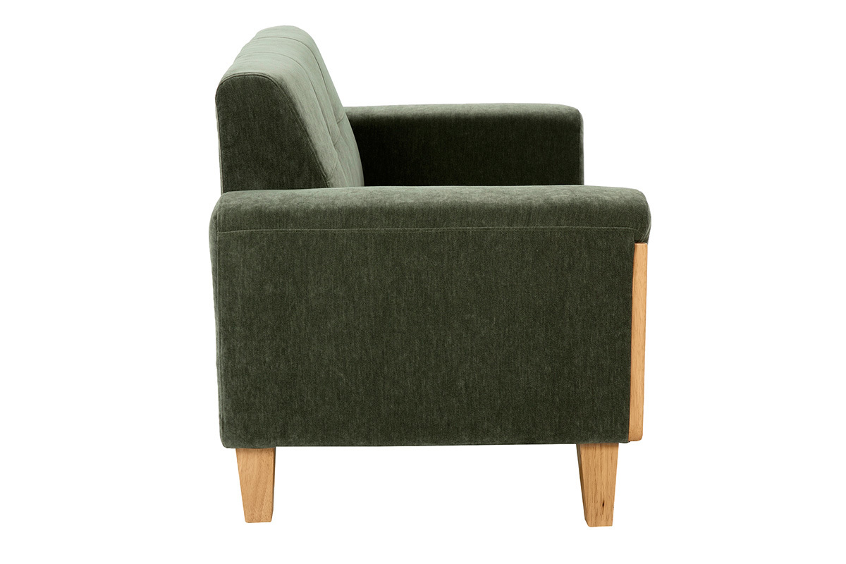 Canap� scandinave 2 places vert kaki, vue de c�t�, pieds en bois clair.