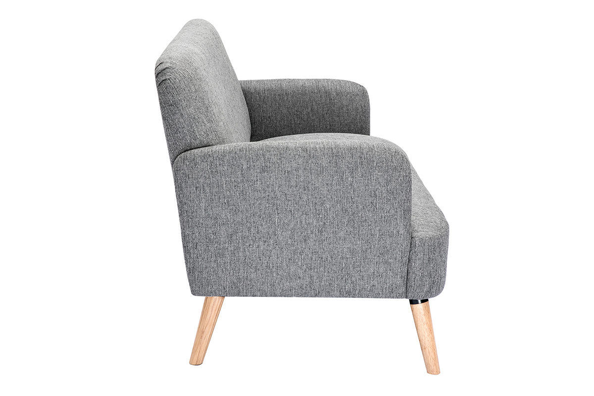 Canap� scandinave 2 places en tissu gris clair, vue de profil avec pieds en bois clair.