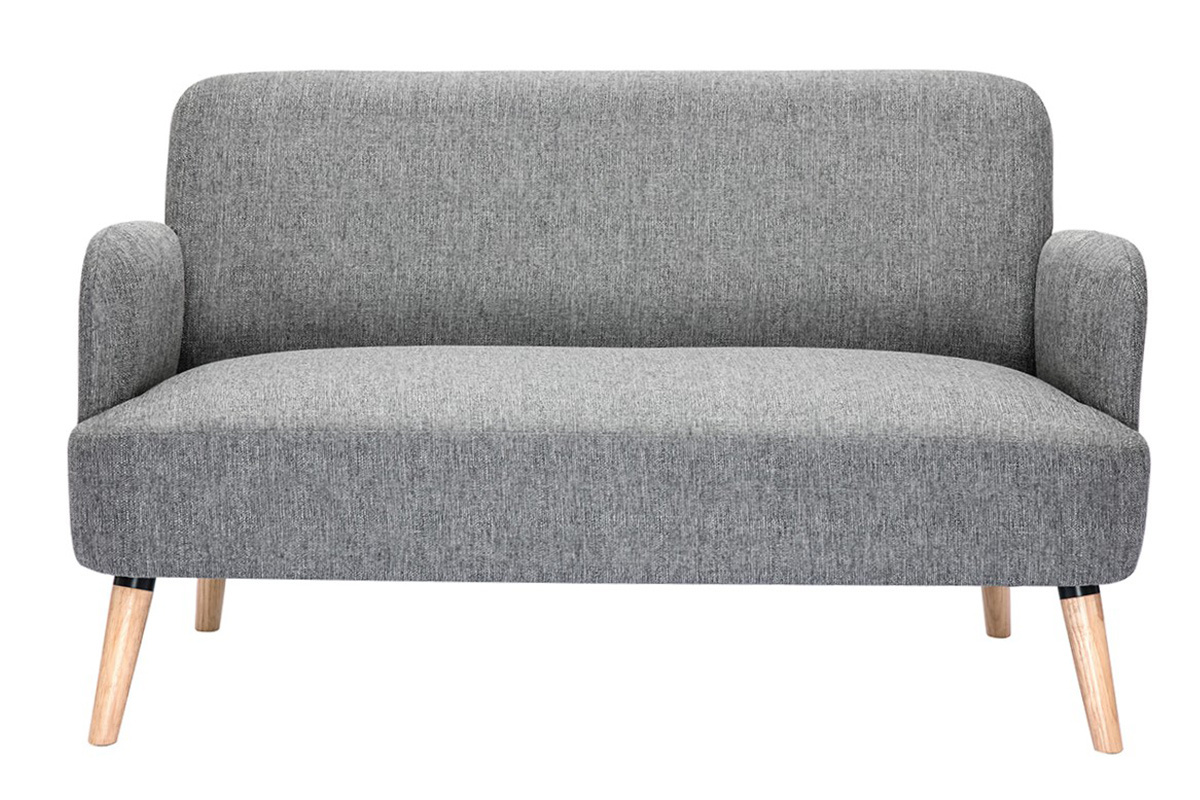 Canap� scandinave 2 places en tissu gris clair et pieds en bois clair, vue de face.