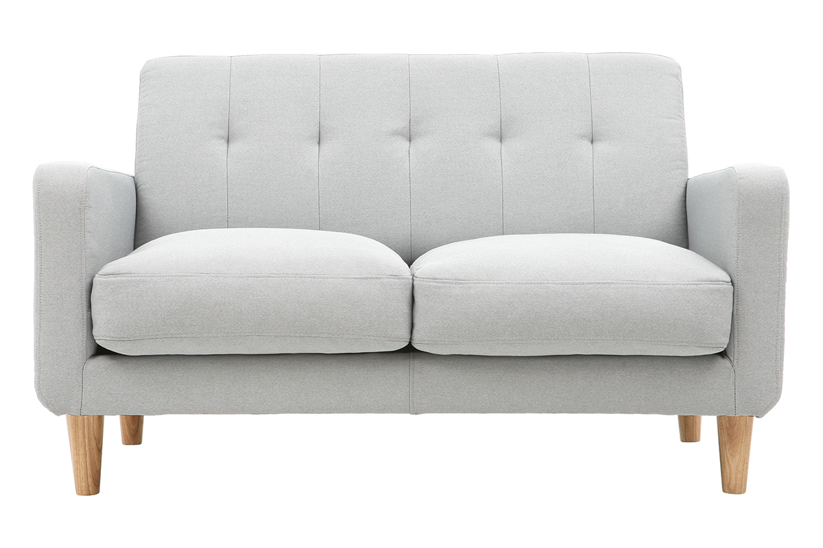 Canap� scandinave 2 places en tissu gris clair et bois clair LUNA