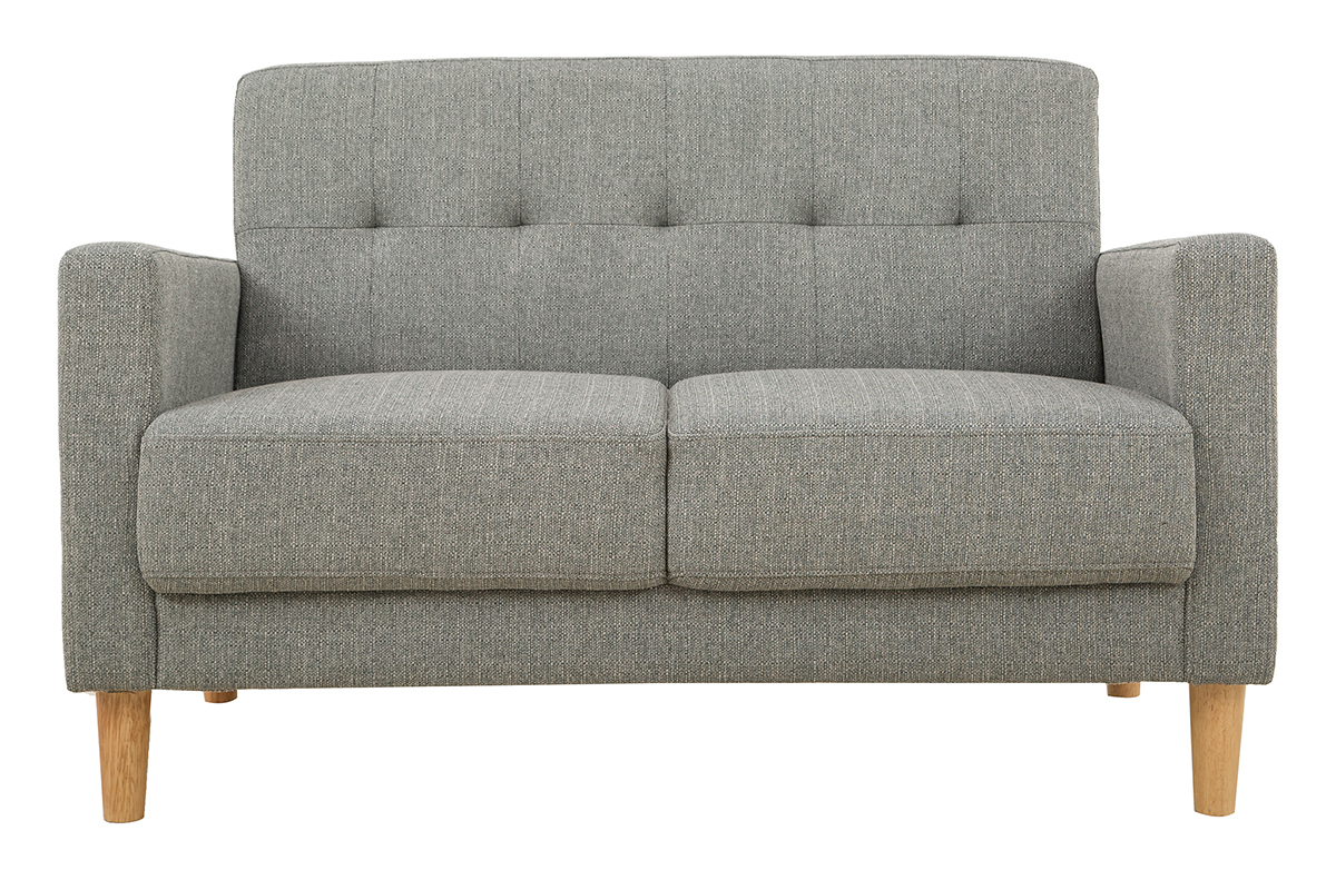 Canap� scandinave 2 places gris en tissu avec pieds en bois clair, vue de face.