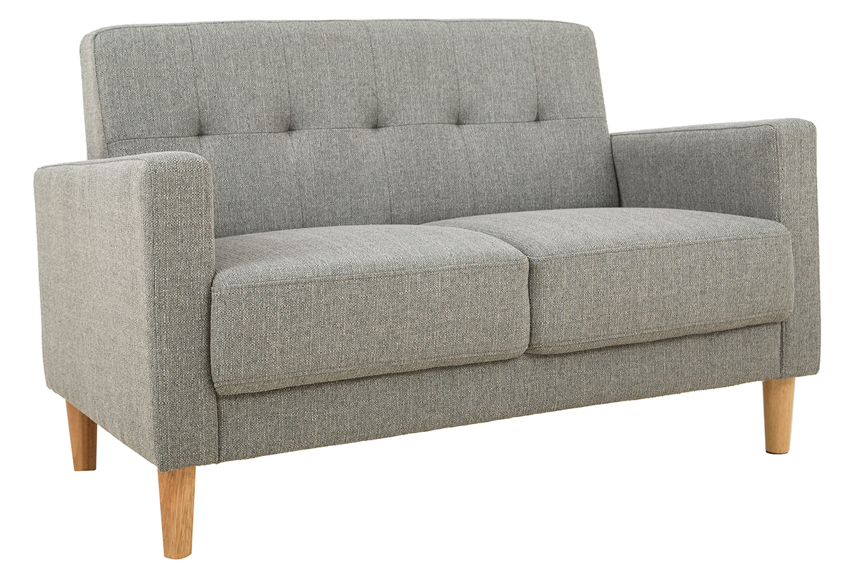 Canap� scandinave 2 places en tissu gris et bois clair, vue de 3/4.