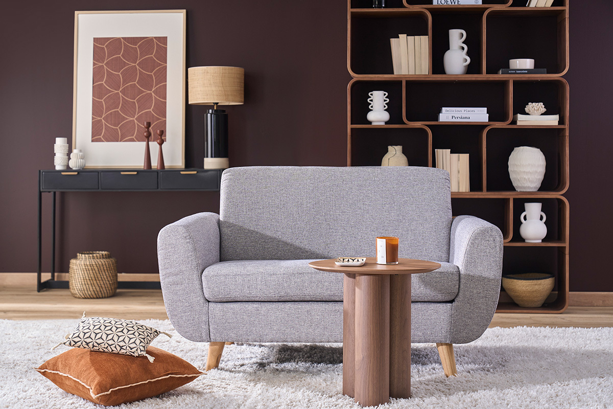 Canap� scandinave 2 places en tissu gris et bois clair PURE