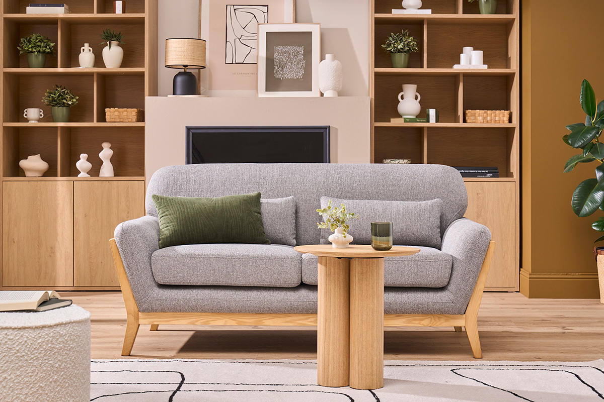 Canap� scandinave 2 places en tissu gris et bois clair YOKO
