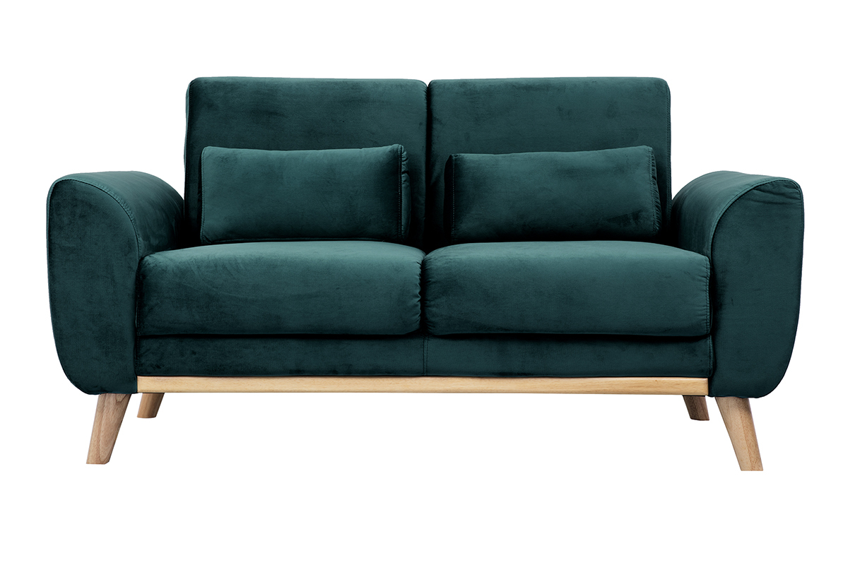 Canap� scandinave 2 places velours bleu p�trole, pieds bois, vue de face.
