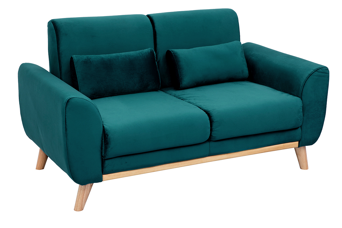 Canap� scandinave 2 places en velours bleu p�trole avec pieds en bois clair, vue de 3/4.
