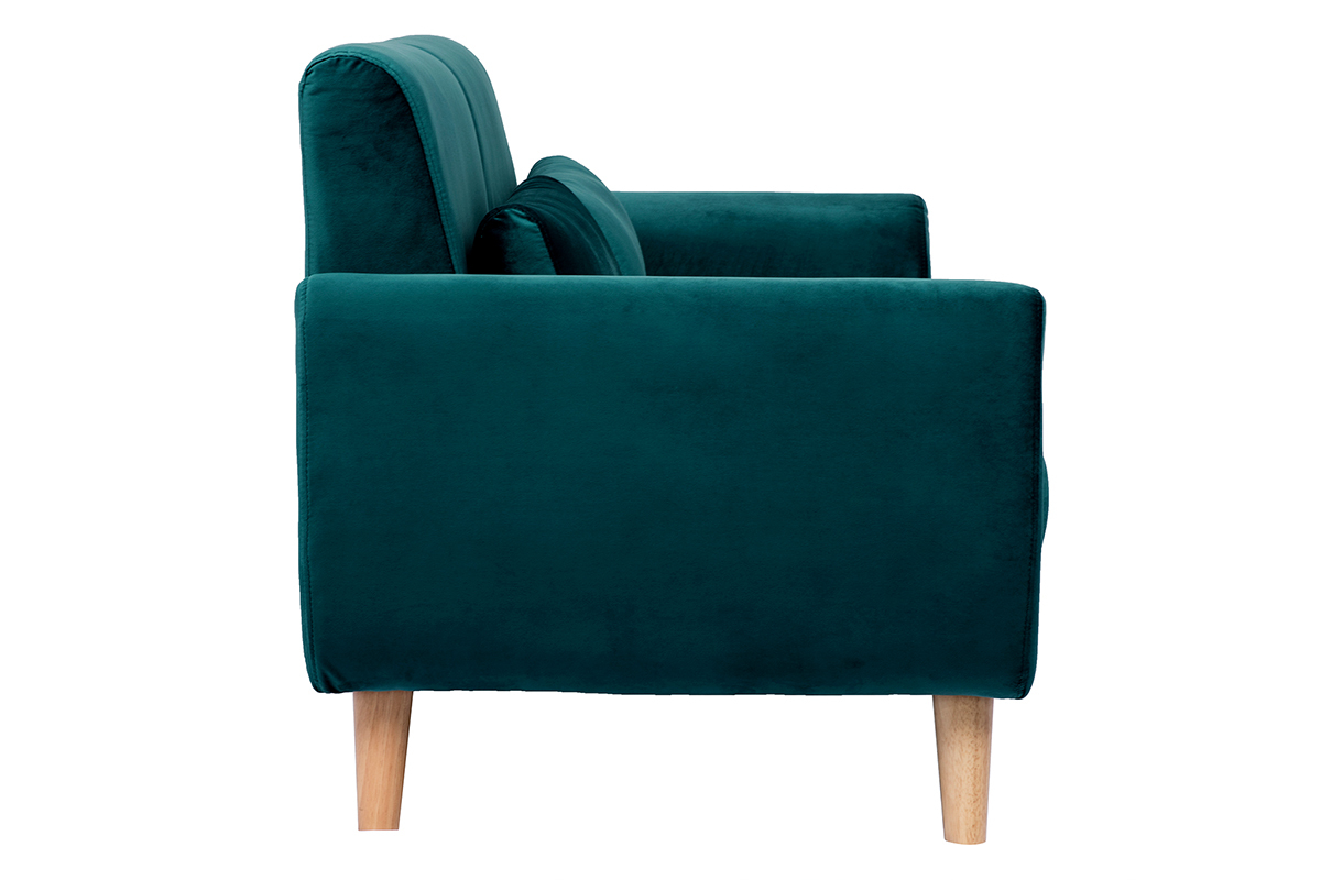 Canap� scandinave 2 places en velours bleu, vue lat�rale, pieds en bois clair.