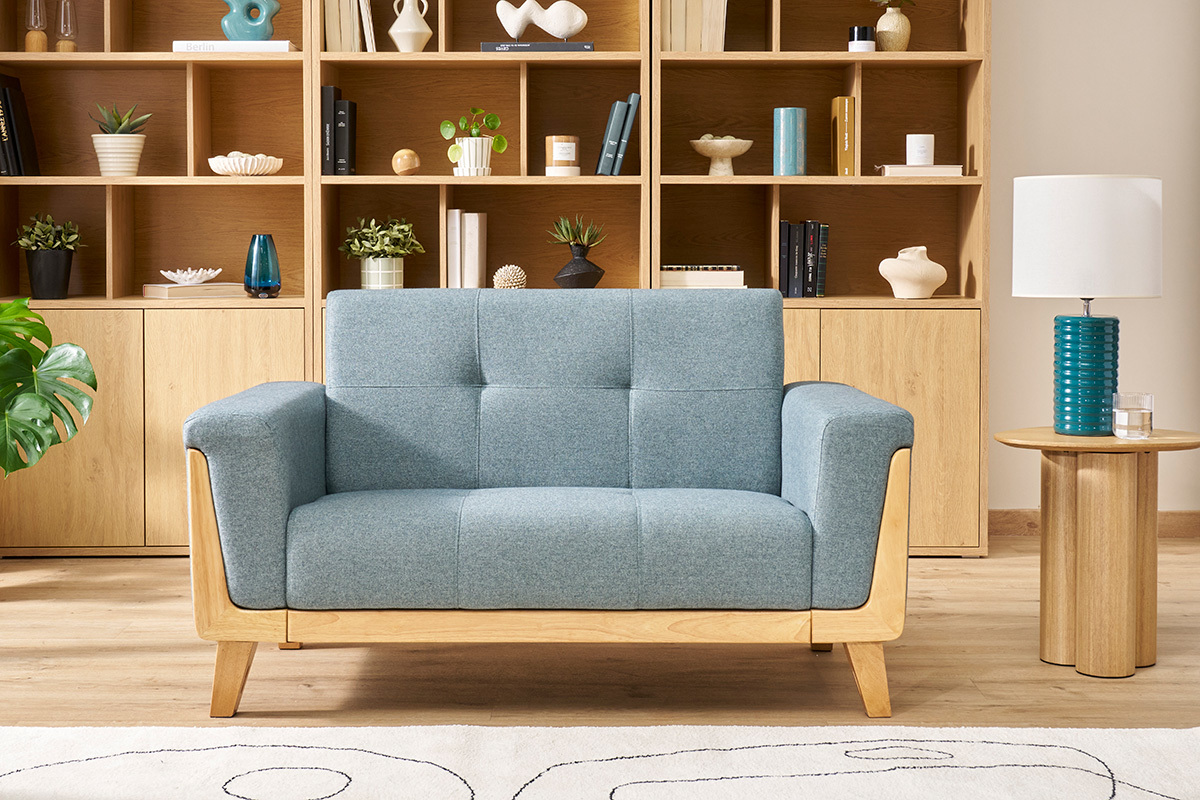 Canap� scandinave 2 places en tissu vert de gris et bois clair FJORD