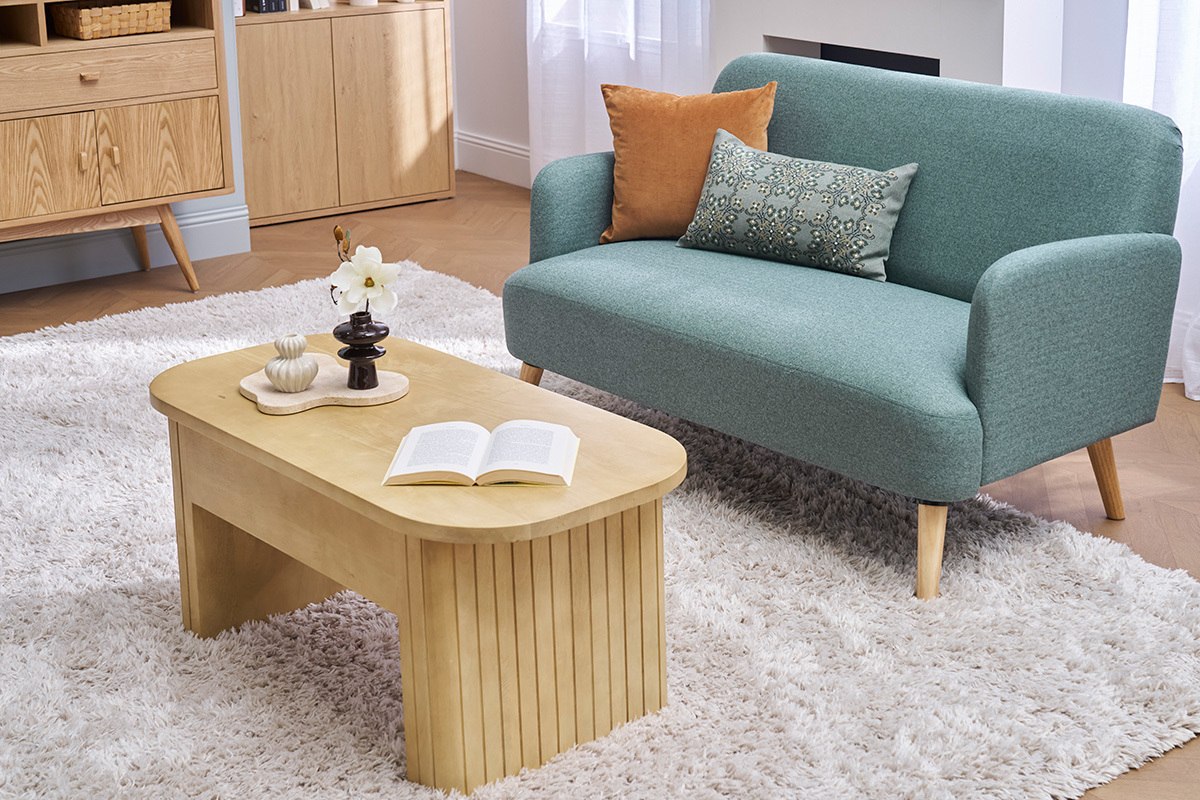 Canap� scandinave 2 places en tissu vert de gris et bois clair ISKO