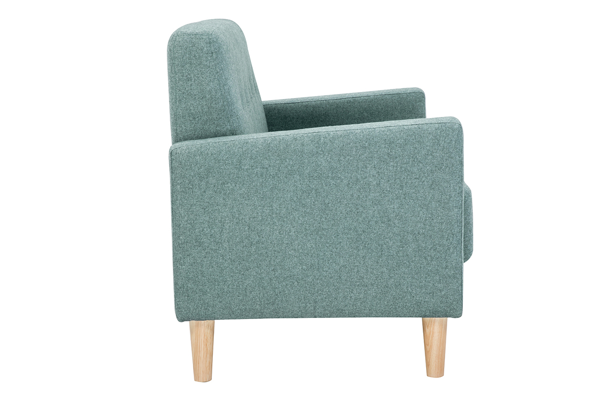 Canap� scandinave 2 places vert de gris, vue de c�t�, pieds en bois clair.