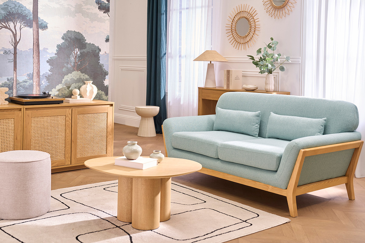Canap� scandinave 2 places en tissu vert lagon et bois clair YOKO