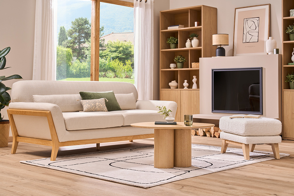 Canap� scandinave 3 places en tissu beige et bois clair YOKO