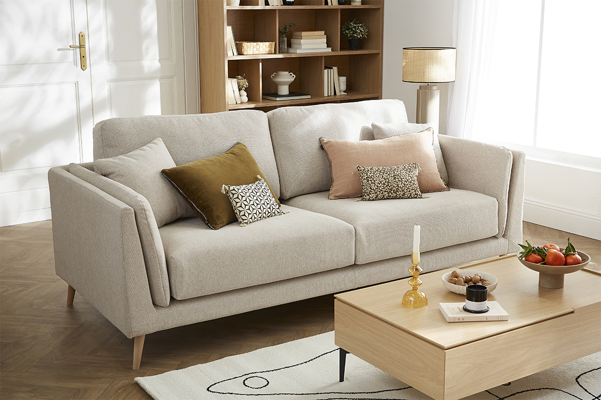 Canap� scandinave 3 places en tissu beige naturel et bois clair VOGUE