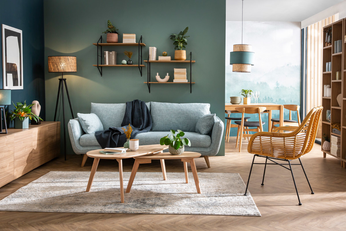 Canap� scandinave 3 places en tissu bleu glacier et bois clair CREEP