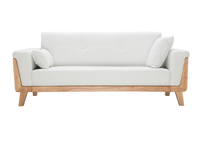 Canap&eacute; scandinave 3 places en tissu effet velours blanc cass&eacute; et bois clair FJORD