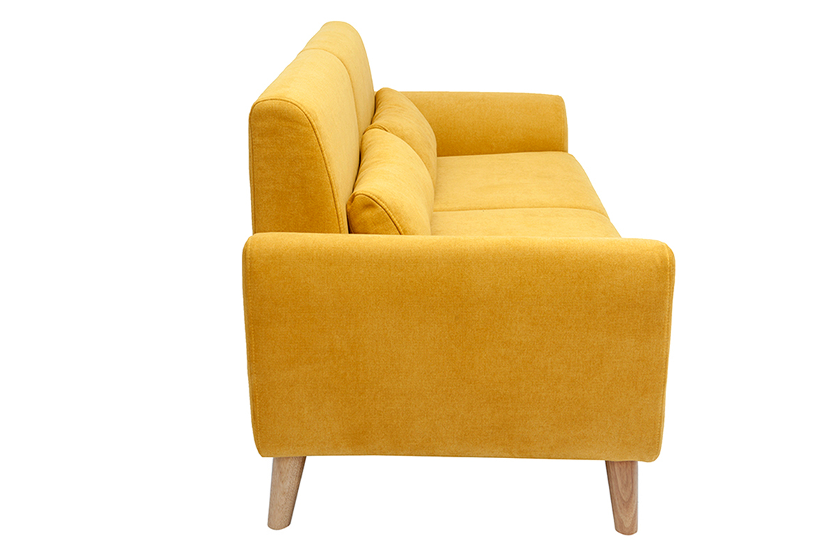 Canap� scandinave 3 places en tissu velours jaune moutarde, vue de profil