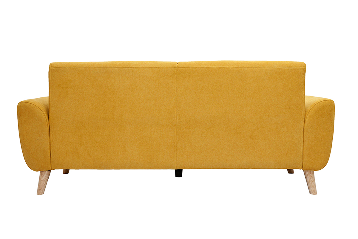 Canap� scandinave 3 places en tissu effect velours jaune moutarde, vue de dos.