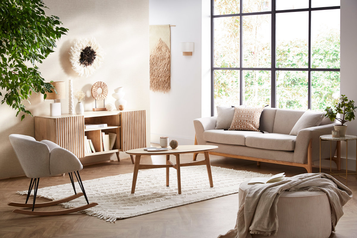 Canap� scandinave 3 places en tissu effet velours textur� beige et bois clair ASAKO