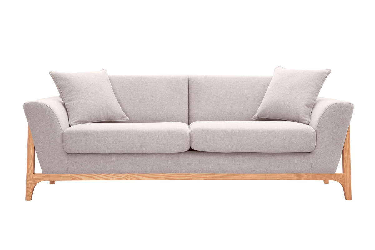 Canap� scandinave 3 places en tissu effet velours textur� beige et bois clair ASAKO
