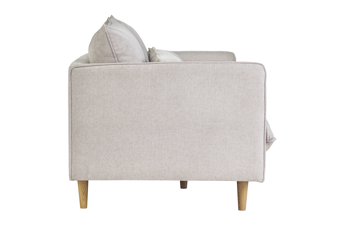 Canap� 3 places beige vue lat�rale avec pieds en bois clair.