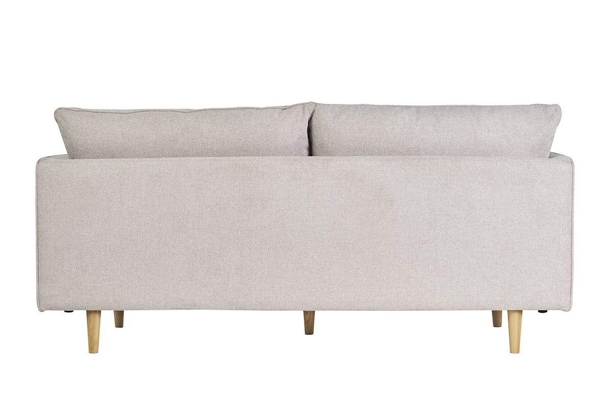 Canap� 3 places beige en tissu, vue arri�re, pieds en bois clair.