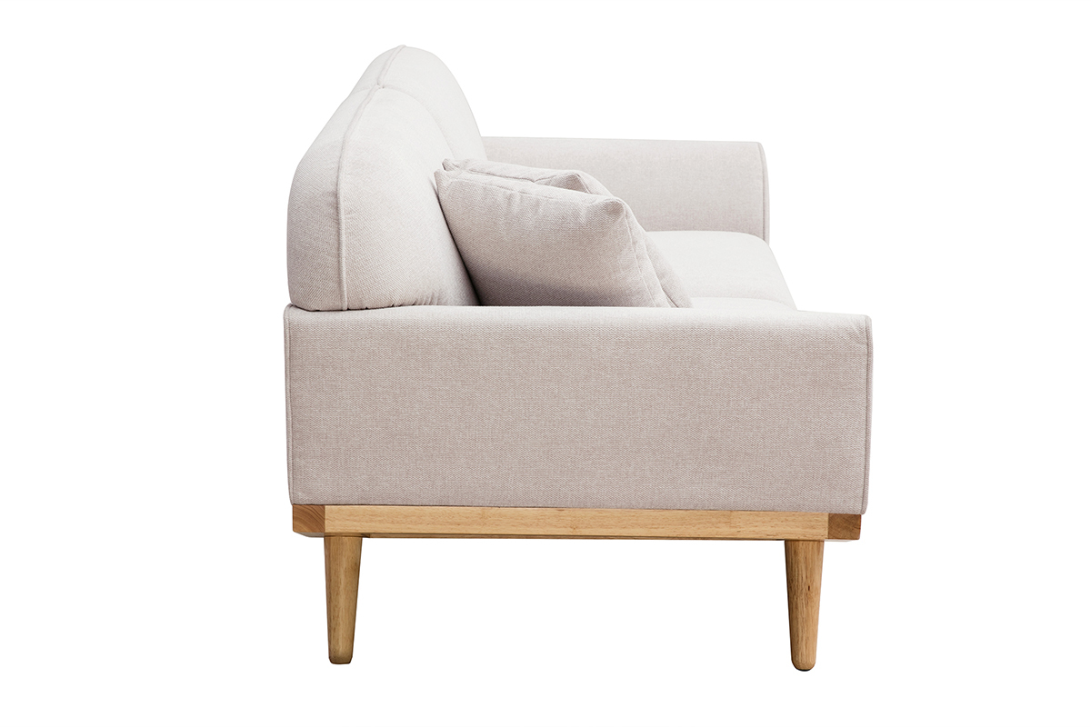 Canap� scandinave 3 places en tissu effet velours textur� beige et bois clair FREEMA