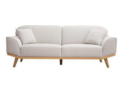 Canap&eacute; scandinave 3 places en tissu effet velours textur&eacute; beige et bois clair FREEMA