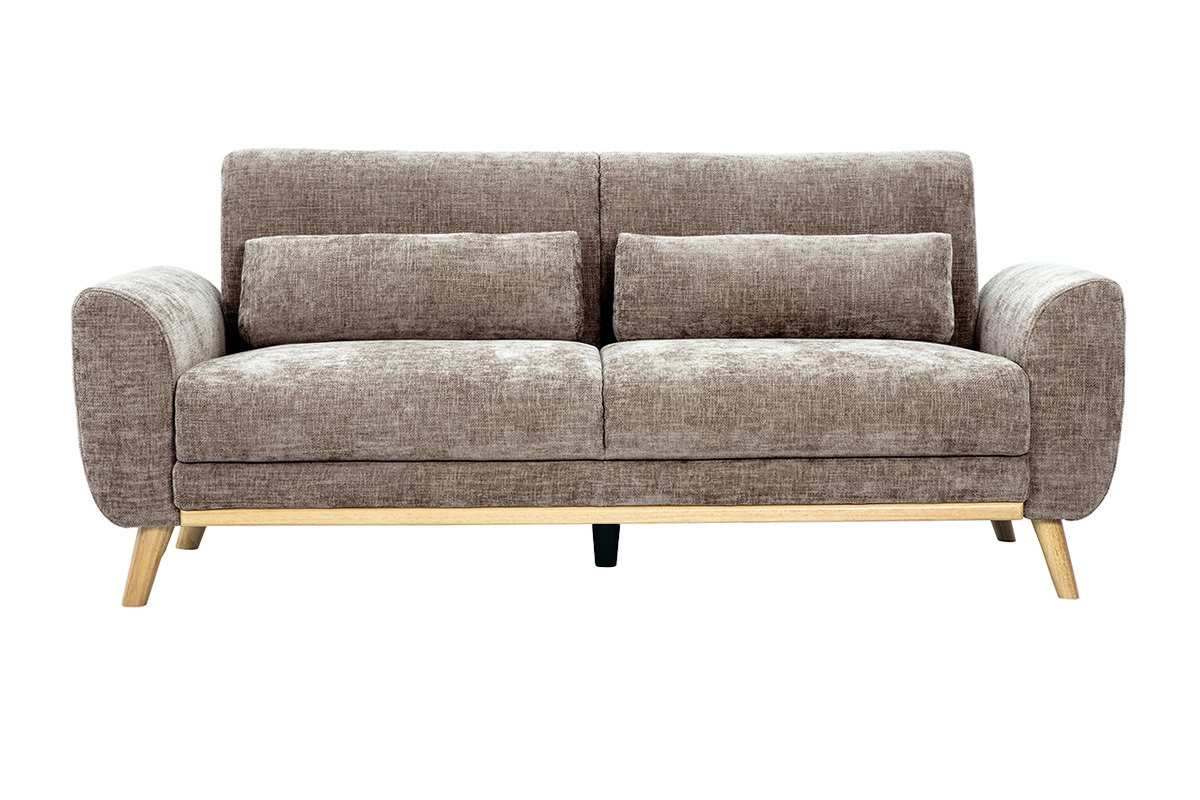 Canap� scandinave 3 places en tissu effet velours textur� taupe et bois clair EKTOR