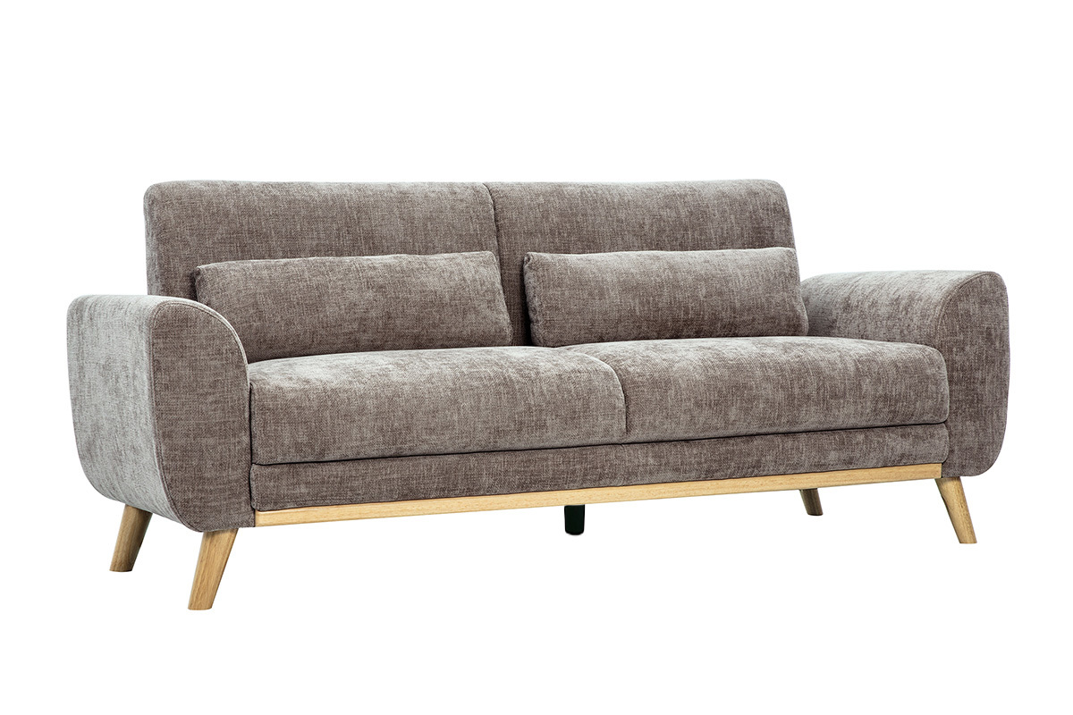 Canap� scandinave 3 places en tissu effet velours textur� taupe et bois clair EKTOR