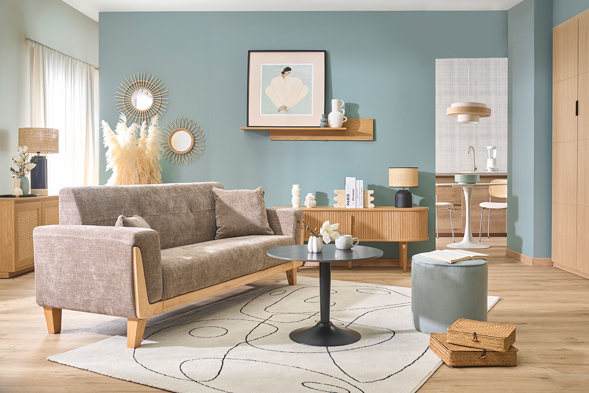 Canap� scandinave 3 places en tissu effet velours textur� taupe et bois clair FJORD