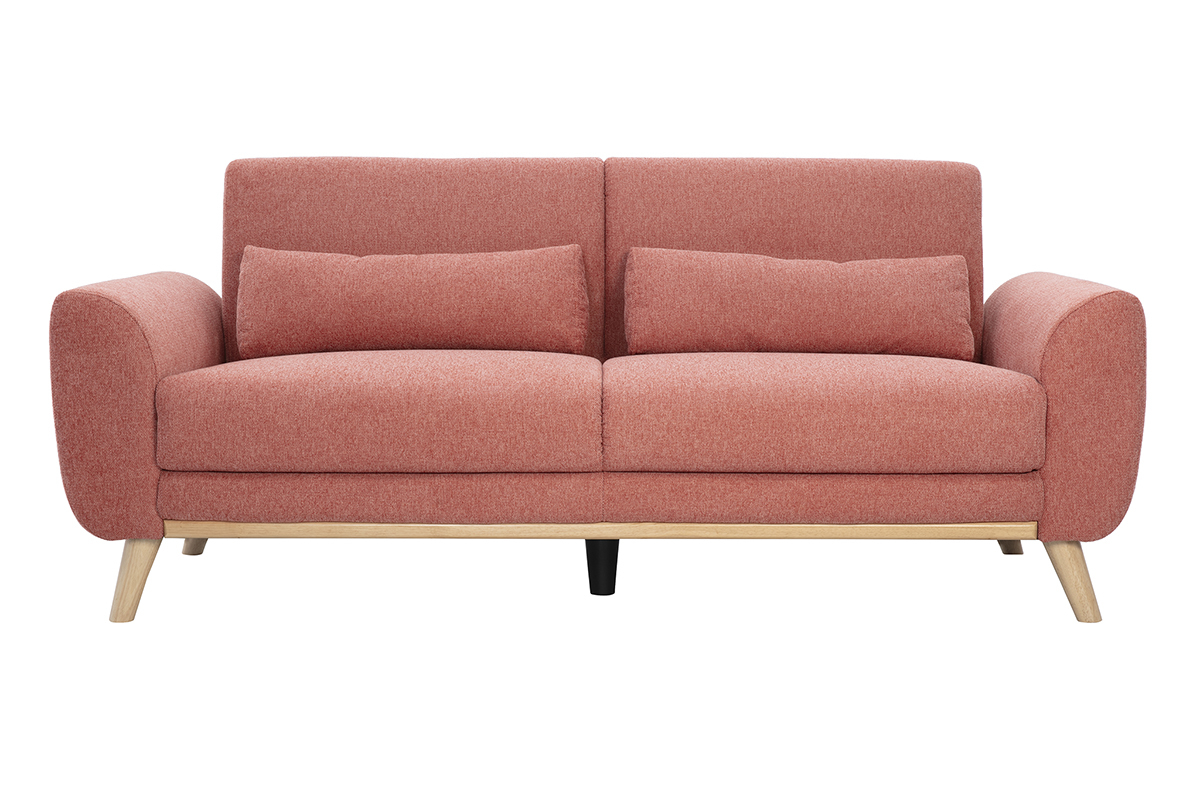 Canap� scandinave 3 places terracotta, vue de face sur pieds en bois clair.
