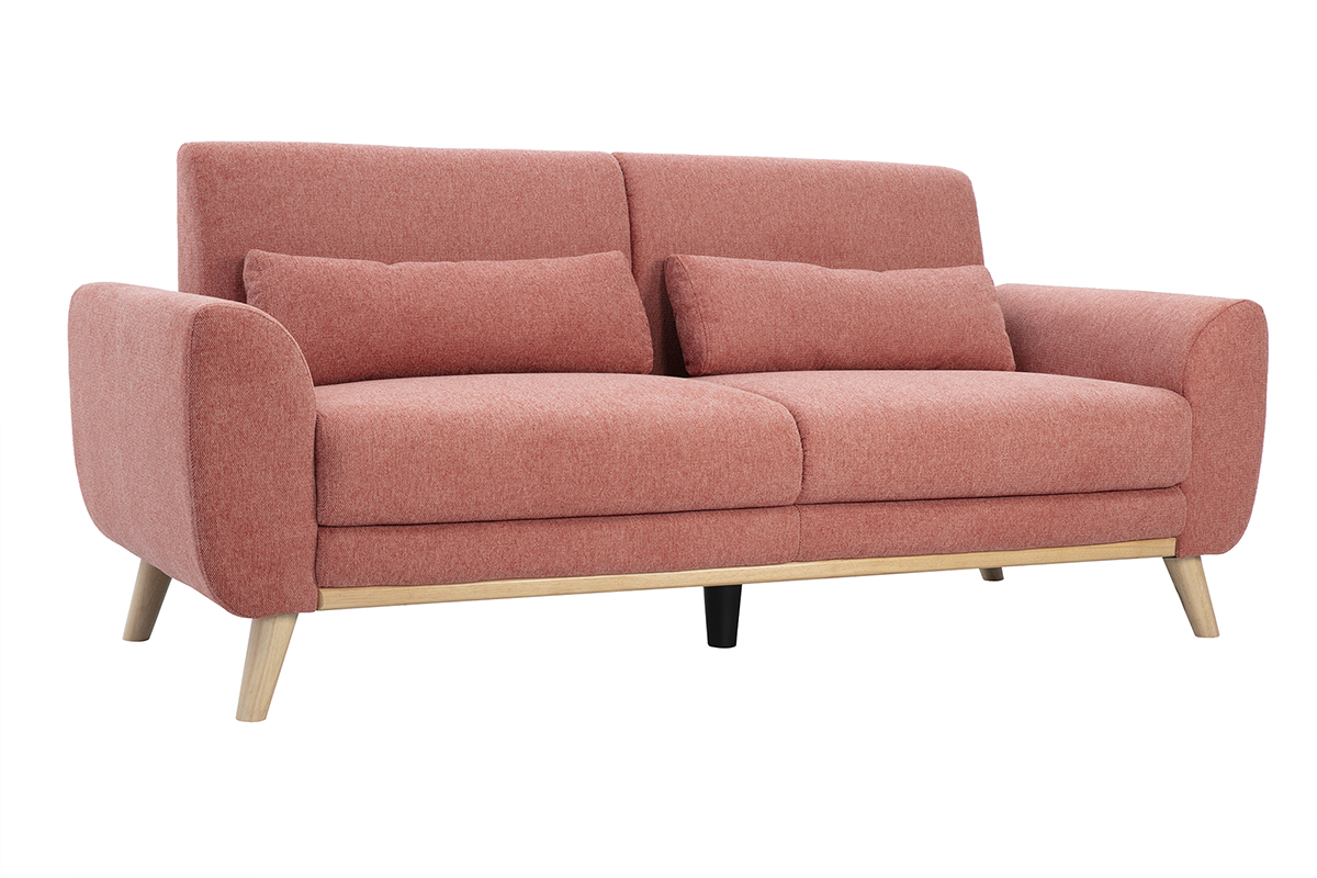 Canap� scandinave 3 places terracotta, vue de 3/4, pieds bois clair, tissu effet velours.