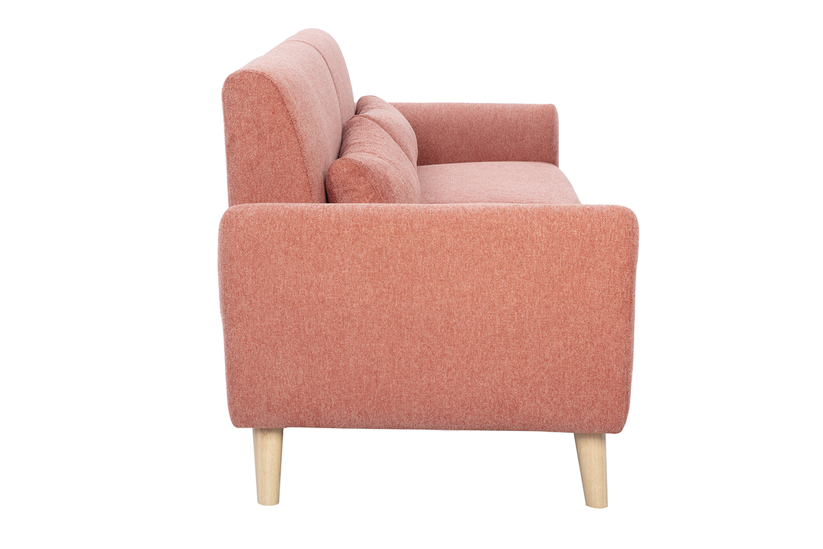 Canap� scandinave 3 places terracotta, vue de c�t�, pieds en bois clair.