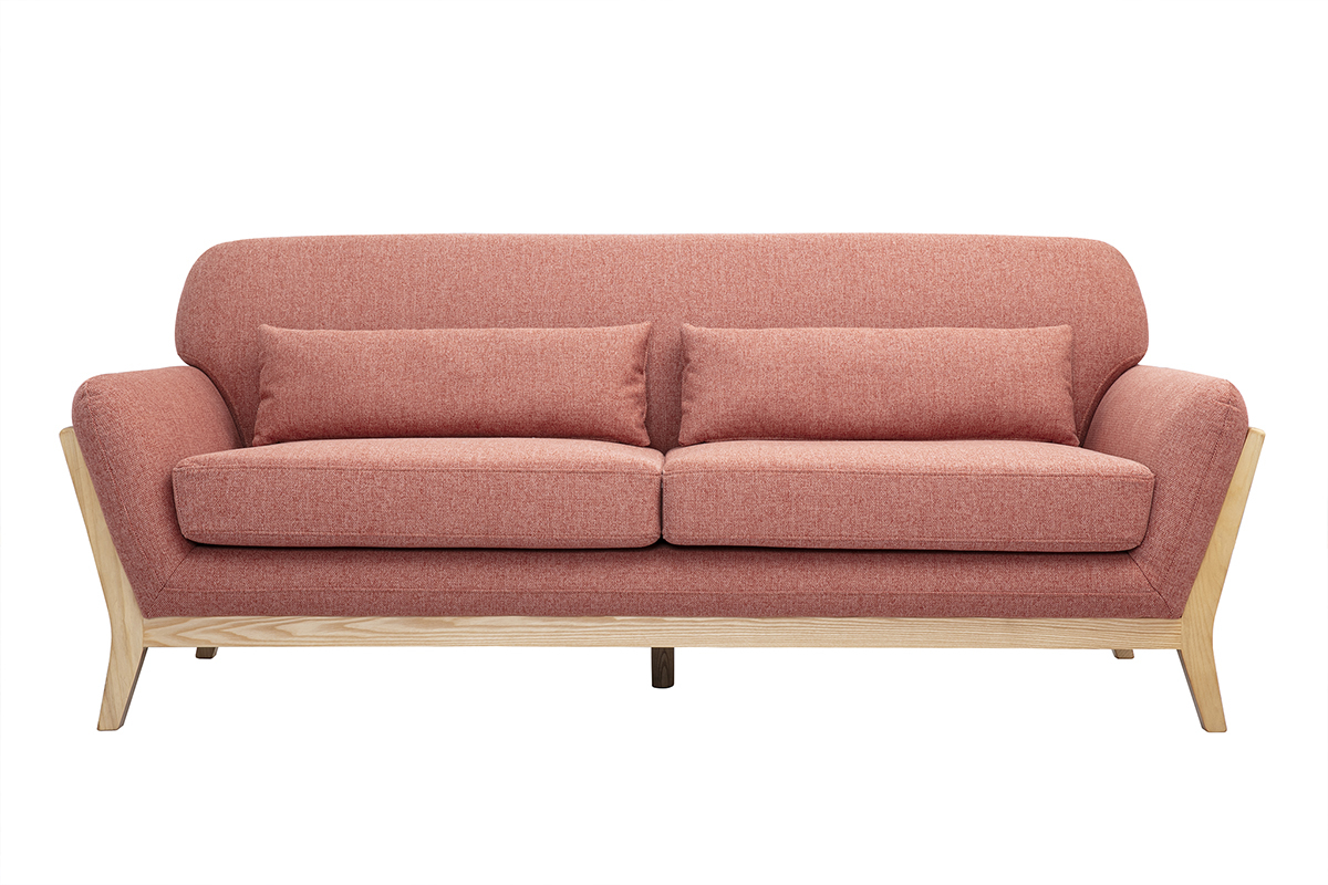 Canap� 3 places terracotta en tissu velours textur� et bois clair, vue de face.