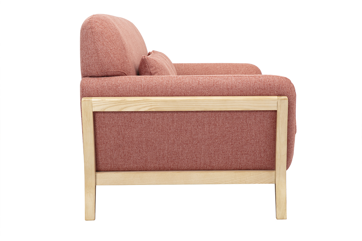 Canap� scandinave 3 places terracotta vue de c�t� avec structure en bois clair.