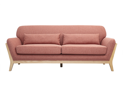 Canap&eacute; scandinave 3 places en tissu effet velours textur&eacute; terracotta et bois clair YOKO